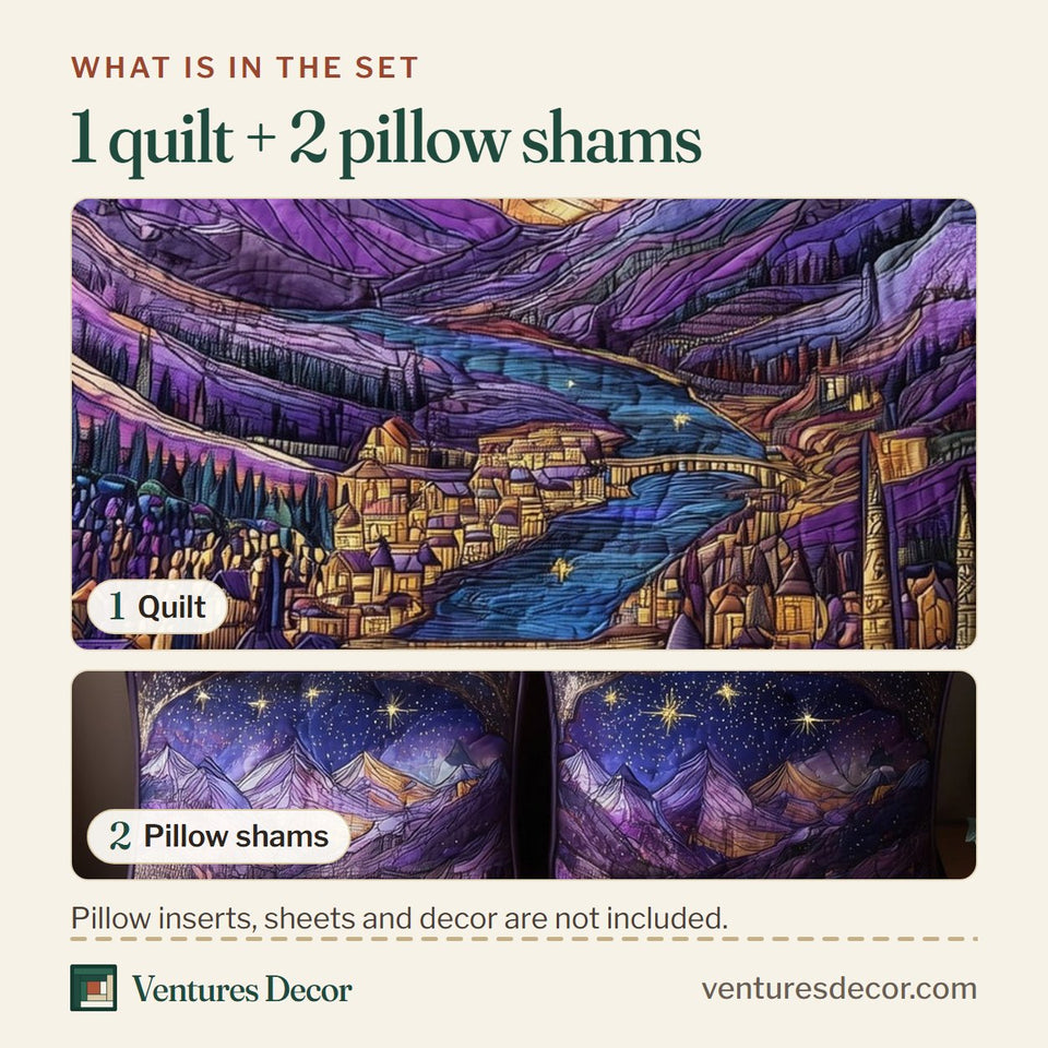 What is in the set: one quilt and two pillow shams, shown in the City of Starlight Riverside Town Below Violet Peaks design