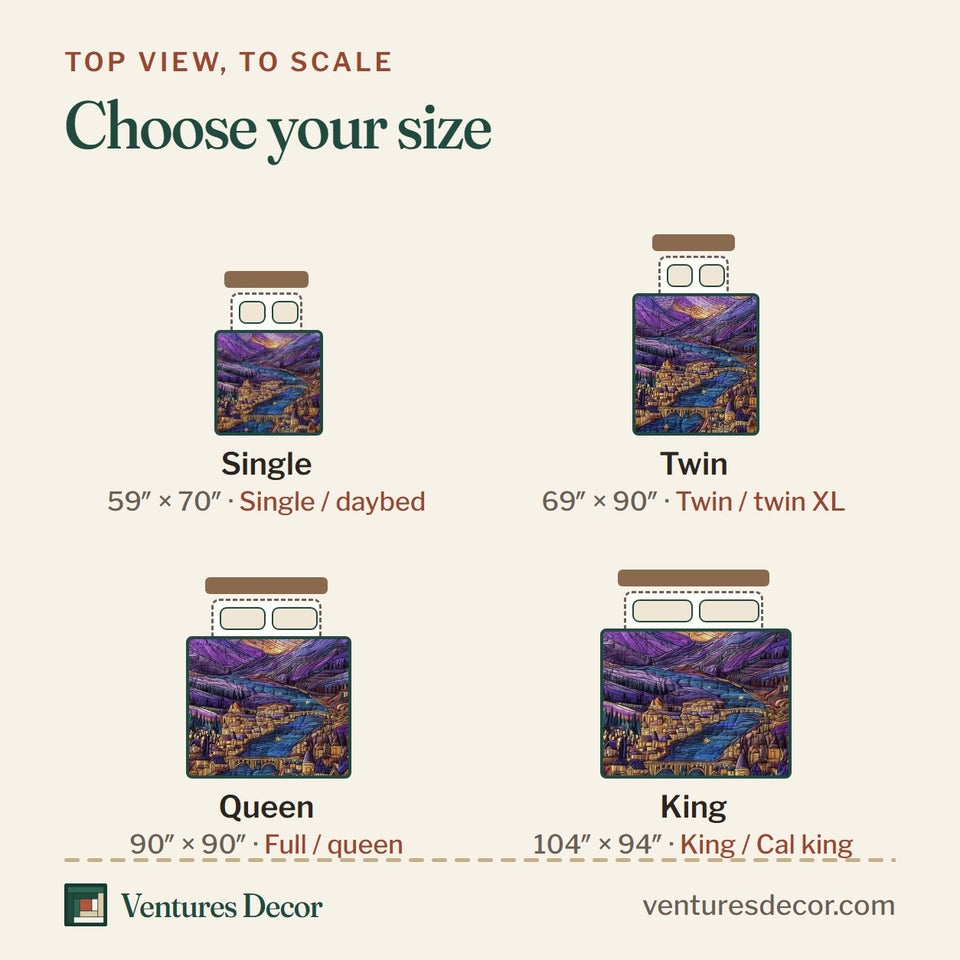 Size guide for the City of Starlight Riverside Town Below Violet Peaks quilt, top view to scale: Single 59 x 70 in, Twin 69 x 90 in, Queen 90 x 90 in, King 104 x 94 in