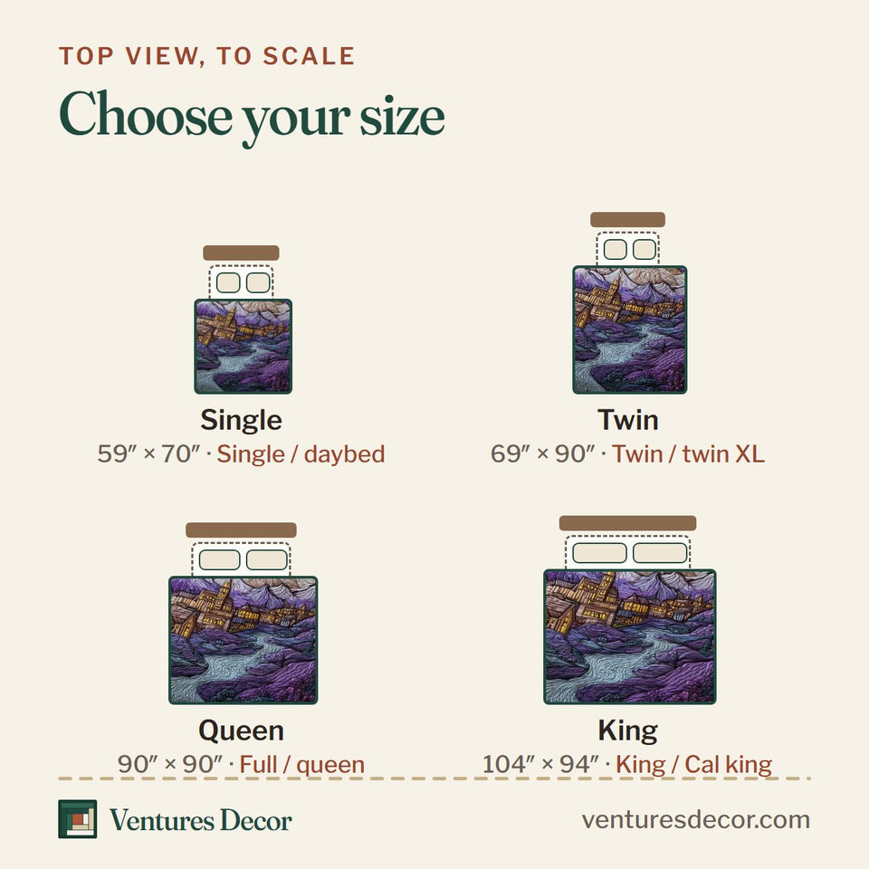 Size guide for the City of Starlight Snowcapped Ridge And Ivory Border quilt, top view to scale: Single 59 x 70 in, Twin 69 x 90 in, Queen 90 x 90 in, King 104 x 94 in