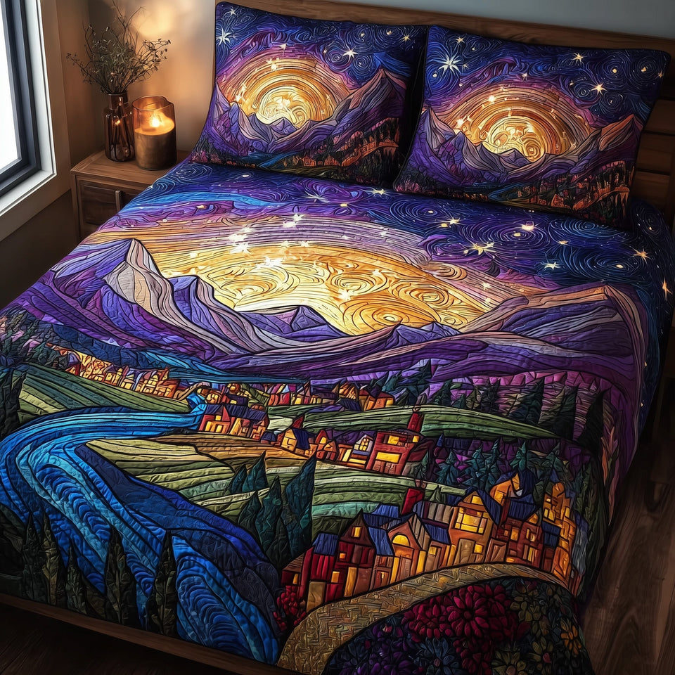 City Of Starlight Swirls quilted bedding set, quilt and two pillow shams on a made bed