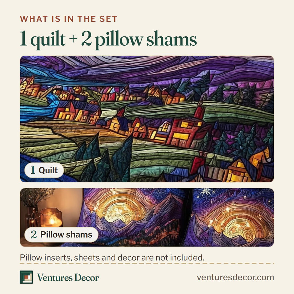 What is in the set: one quilt and two pillow shams, shown in the City Of Starlight Swirls design