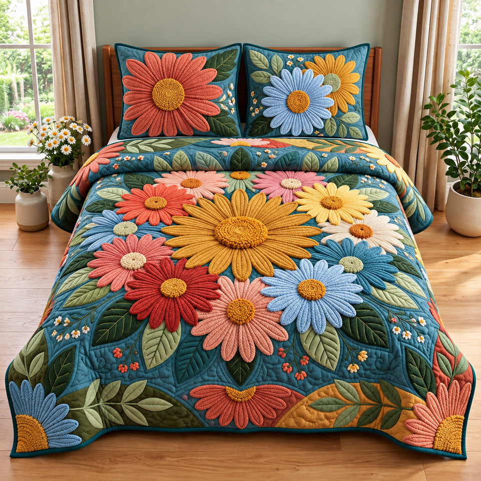 Classic Daisy quilted bedding set, quilt and two pillow shams on a made bed