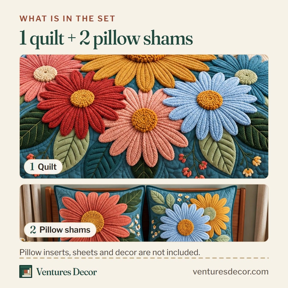 What is in the set: one quilt and two pillow shams, shown in the Classic Daisy Quilt Set, 3-Piece Quilted Bedding with 2 Pillow Shams design