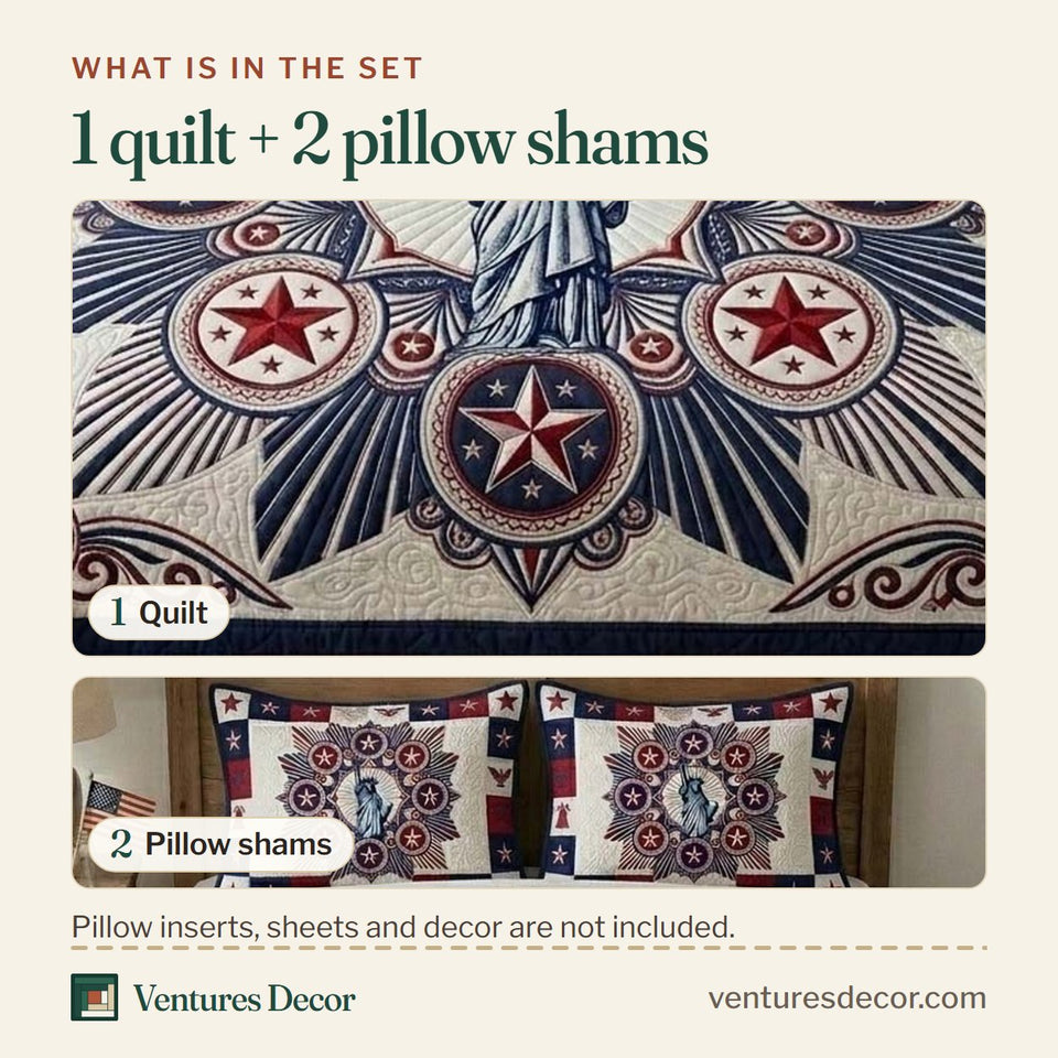 What is in the set: one quilt and two pillow shams, shown in the Classic Eagle Banner design