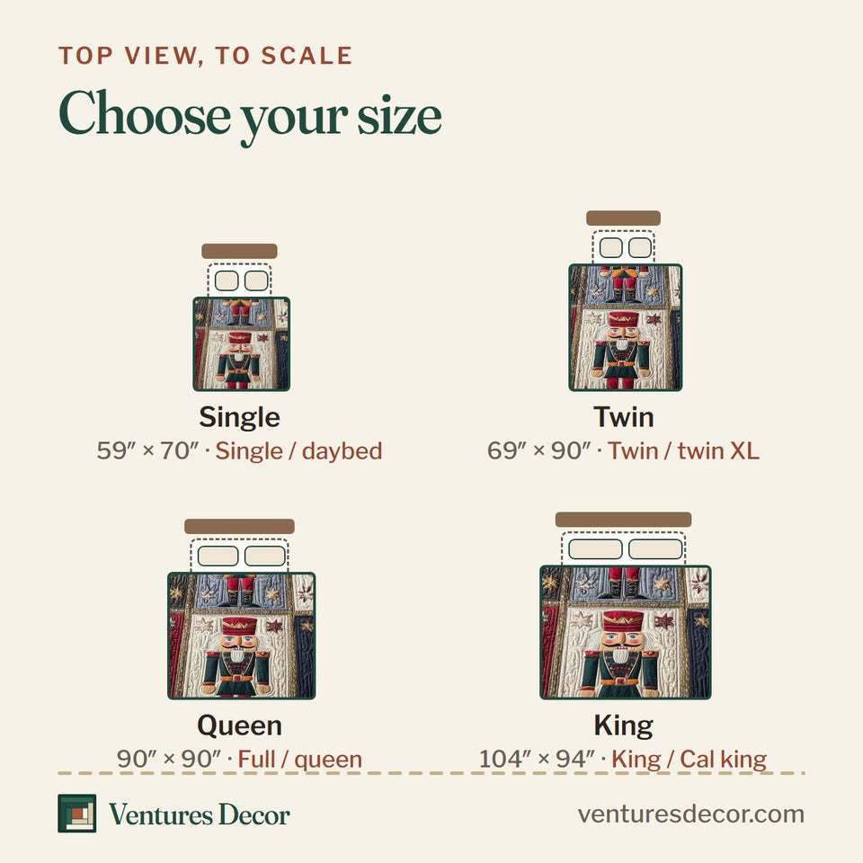 Size guide for the Classic Nutcracker Regiment quilt, top view to scale: Single 59 x 70 in, Twin 69 x 90 in, Queen 90 x 90 in, King 104 x 94 in