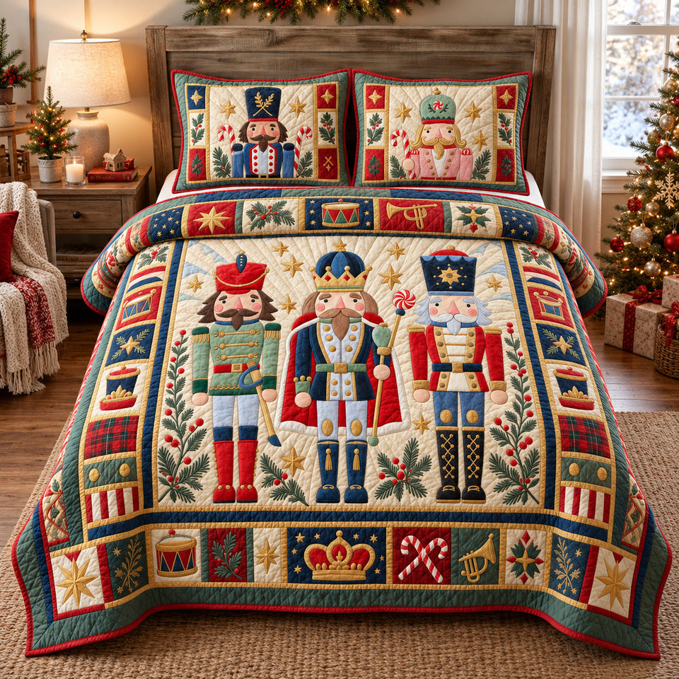Classic Nutcracker Trio quilted bedding set, quilt and two pillow shams on a made bed