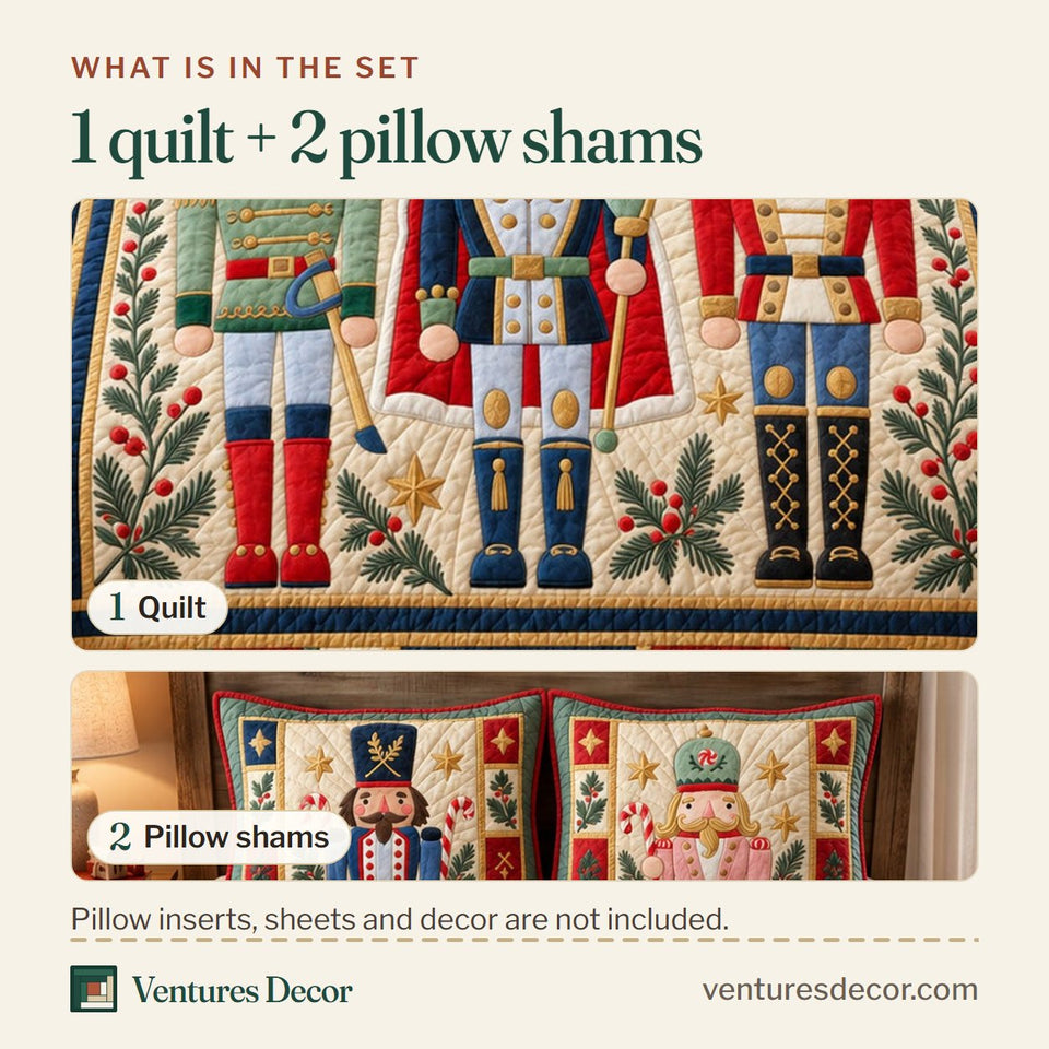 What is in the set: one quilt and two pillow shams, shown in the Christmas Classic Nutcracker Trio Quilt Set, 3-Piece Quilted Bedding with 2 Pillow Shams design