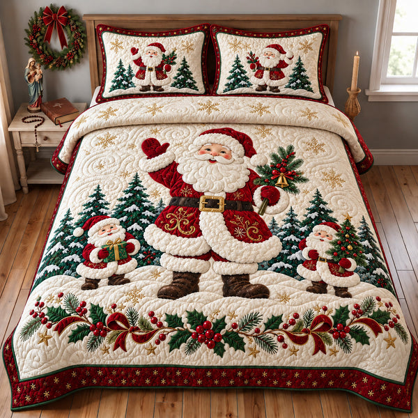 Classic Santa quilted bedding set, quilt and two pillow shams on a made bed