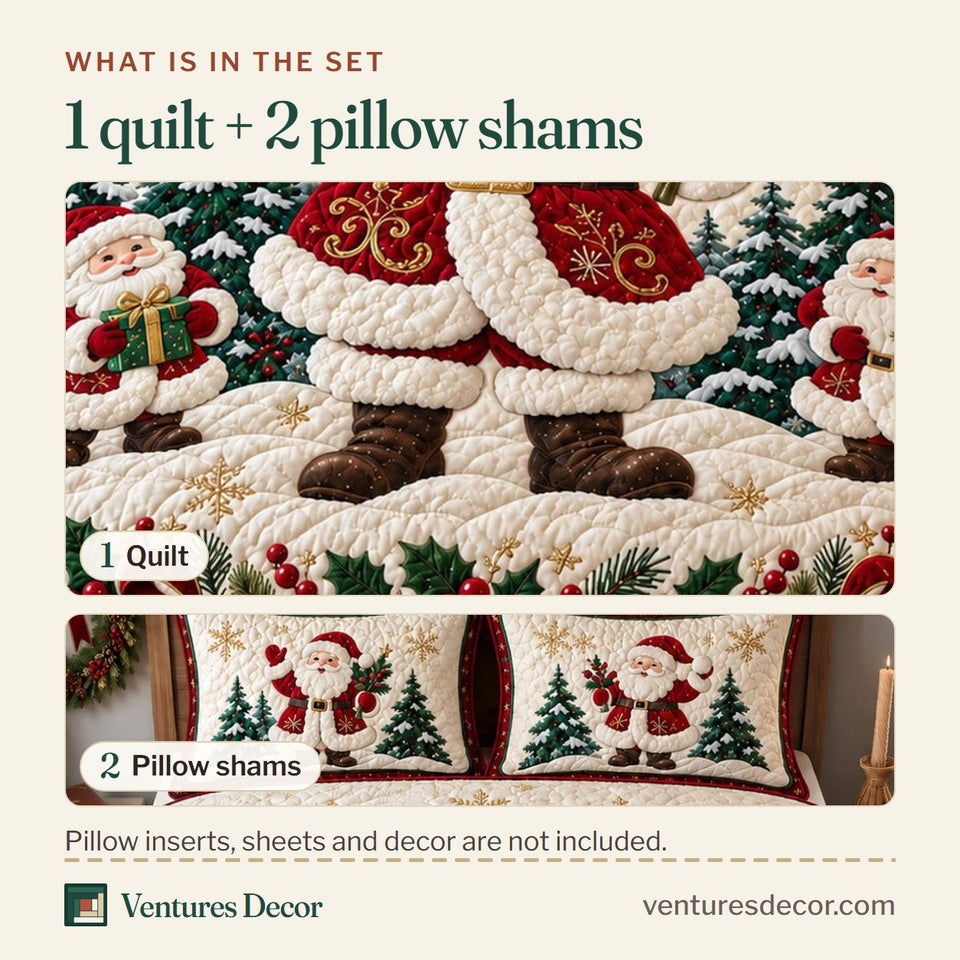 What is in the set: one quilt and two pillow shams, shown in the Christmas Classic Santa Quilt Set, 3-Piece Quilted Bedding with 2 Pillow Shams design