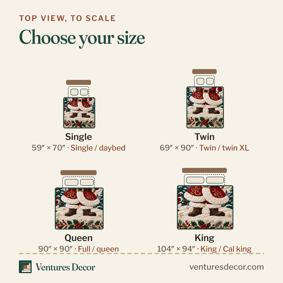 Size guide for the Christmas Classic Santa Quilt Set, 3-Piece Quilted Bedding with 2 Pillow Shams quilt, top view to scale: Single 59 x 70 in, Twin 69 x 90 in, Queen 90 x 90 in, King 104 x 94 in