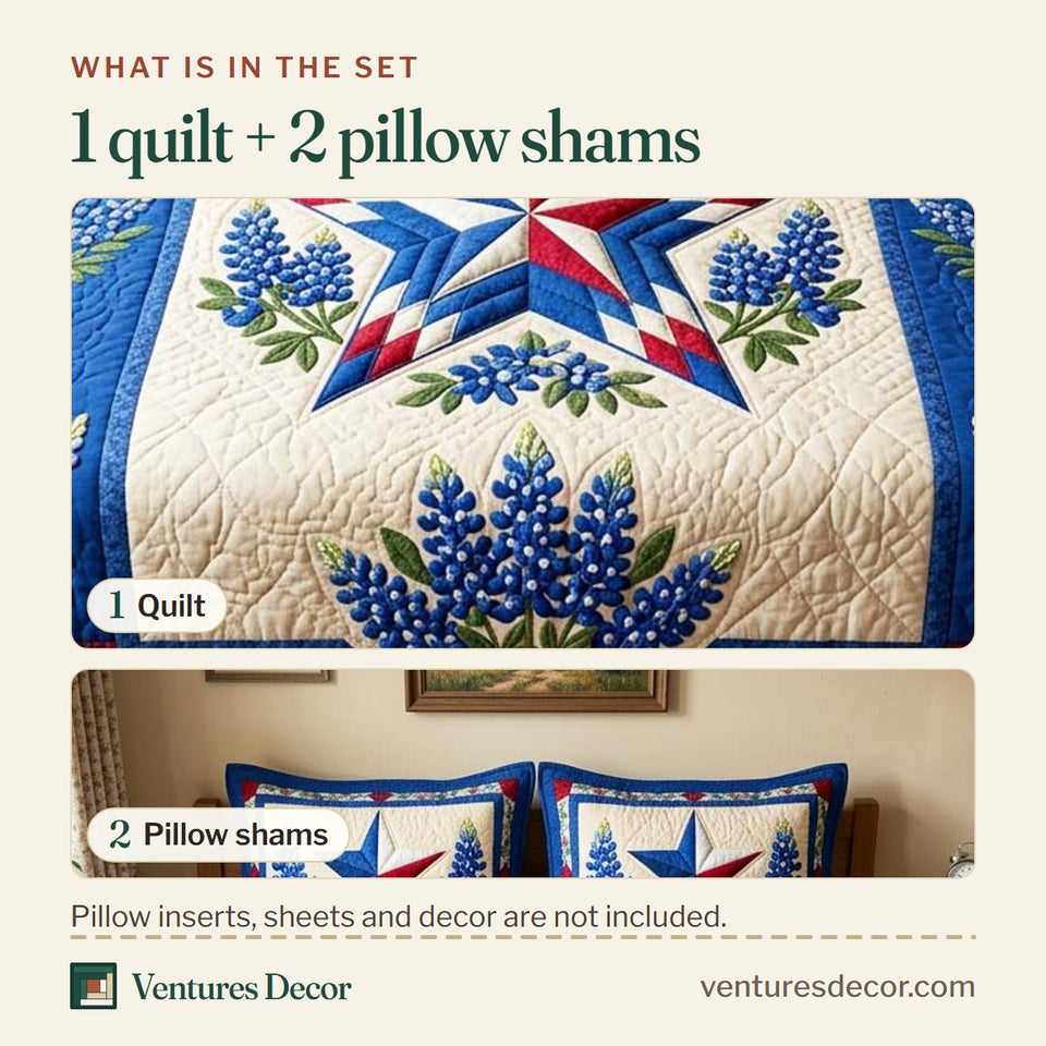 What is in the set: one quilt and two pillow shams, shown in the Classic Texas Star design