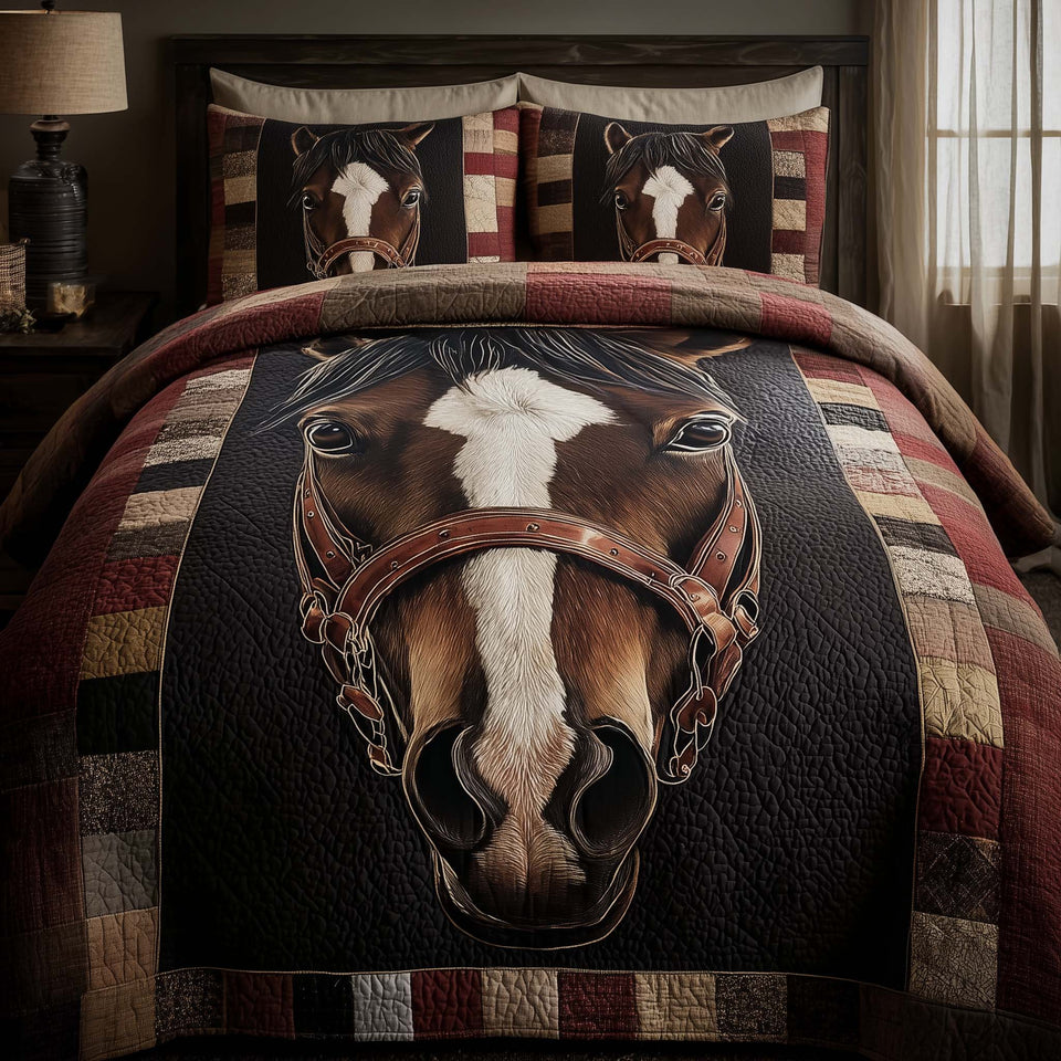 Classic Western Horse quilted bedding set, quilt and two pillow shams on a made bed