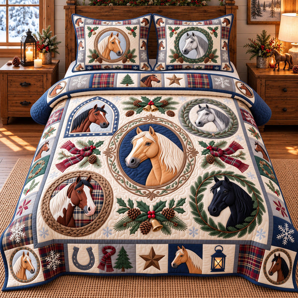Classic Wreath Horses quilted bedding set, quilt and two pillow shams on a made bed