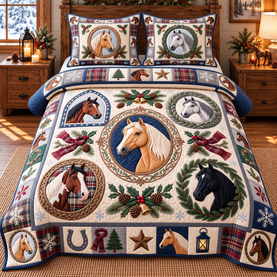 Classic Wreath Horses quilted bedding set, quilt and two pillow shams on a made bed