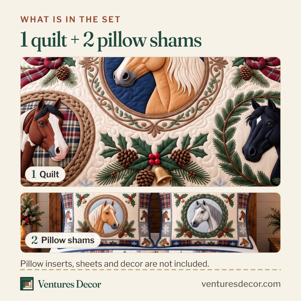 What is in the set: one quilt and two pillow shams, shown in the Classic Wreath Horses Quilt Set, 3-Piece Quilted Bedding with 2 Pillow Shams design