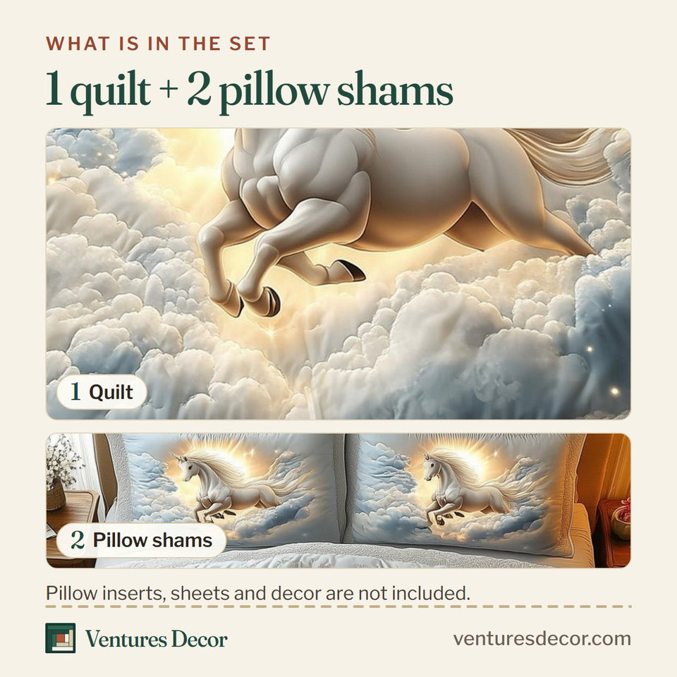 What is in the set: one quilt and two pillow shams, shown in the Cloudborne White Steed design