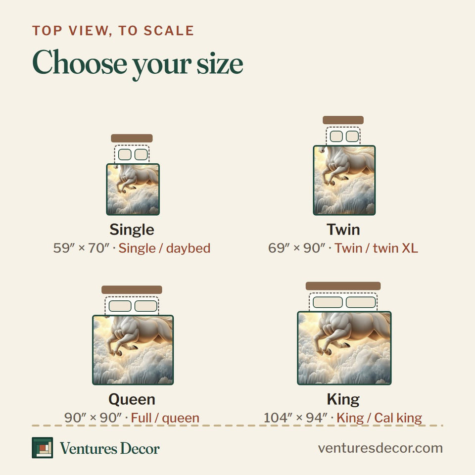 Size guide for the Cloudborne White Steed quilt, top view to scale: Single 59 x 70 in, Twin 69 x 90 in, Queen 90 x 90 in, King 104 x 94 in
