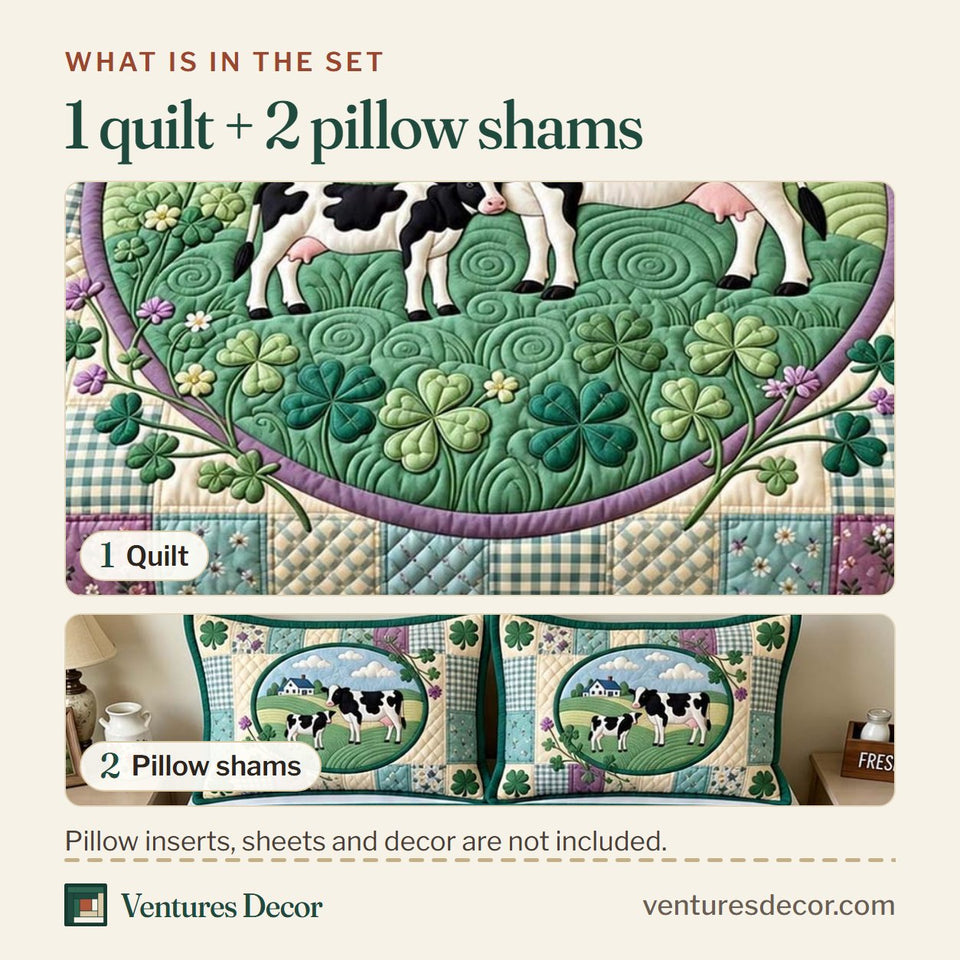 What is in the set: one quilt and two pillow shams, shown in the Clover Meadow Cows Quilt Set, 3-Piece Quilted Bedding with 2 Pillow Shams design