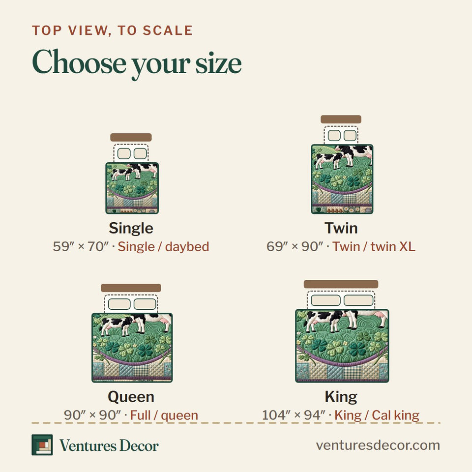 Size guide for the Clover Meadow Cows Quilt Set, 3-Piece Quilted Bedding with 2 Pillow Shams quilt, top view to scale: Single 59 x 70 in, Twin 69 x 90 in, Queen 90 x 90 in, King 104 x 94 in