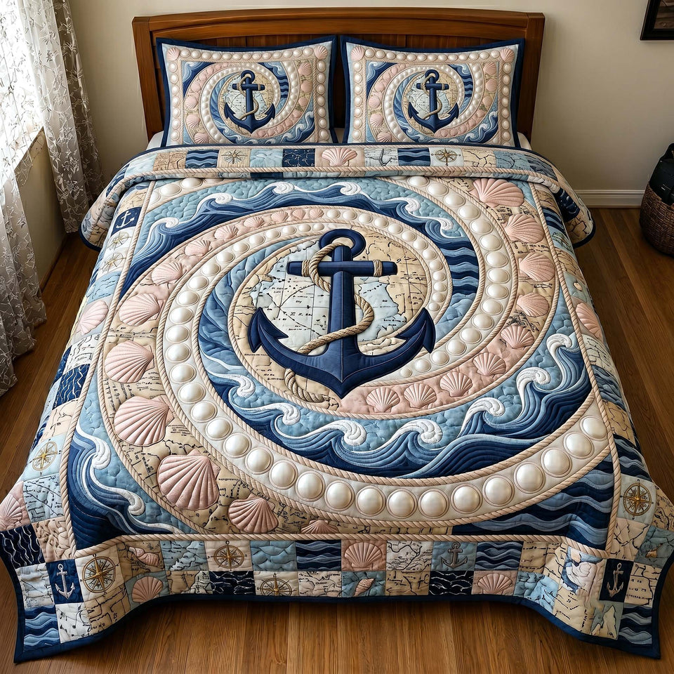 Coastal Anchor Circular Wave Swirl quilted bedding set, quilt and two pillow shams on a made bed
