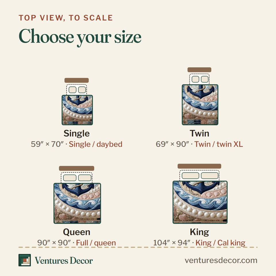 Size guide for the Coastal Anchor Circular Wave Swirl quilt, top view to scale: Single 59 x 70 in, Twin 69 x 90 in, Queen 90 x 90 in, King 104 x 94 in