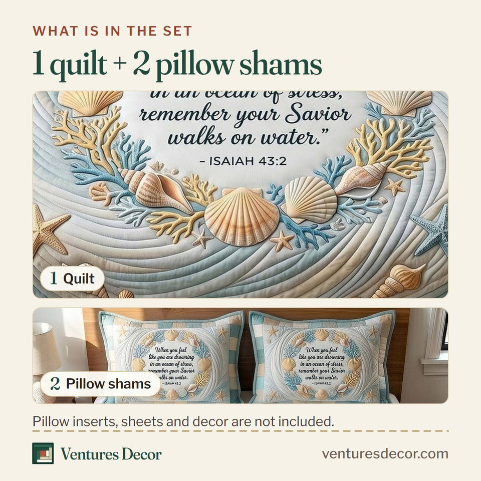 What is in the set: one quilt and two pillow shams, shown in the Coastal Blessings Seashell Wreath Pale Sand design