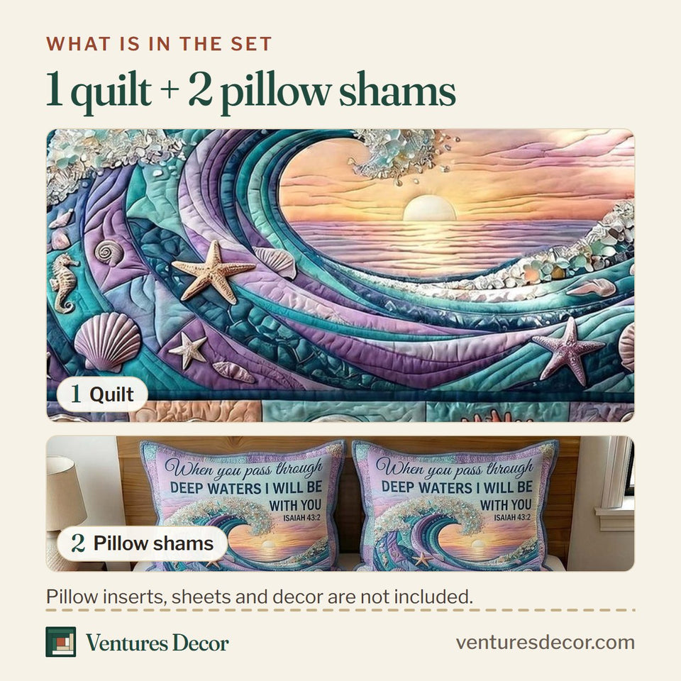 What is in the set: one quilt and two pillow shams, shown in the Coastal Blessings Sunset Wave Lavender design