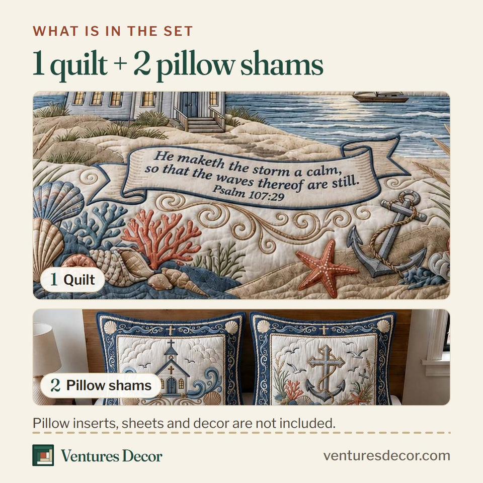 What is in the set: one quilt and two pillow shams, shown in the Coastal Chapel design