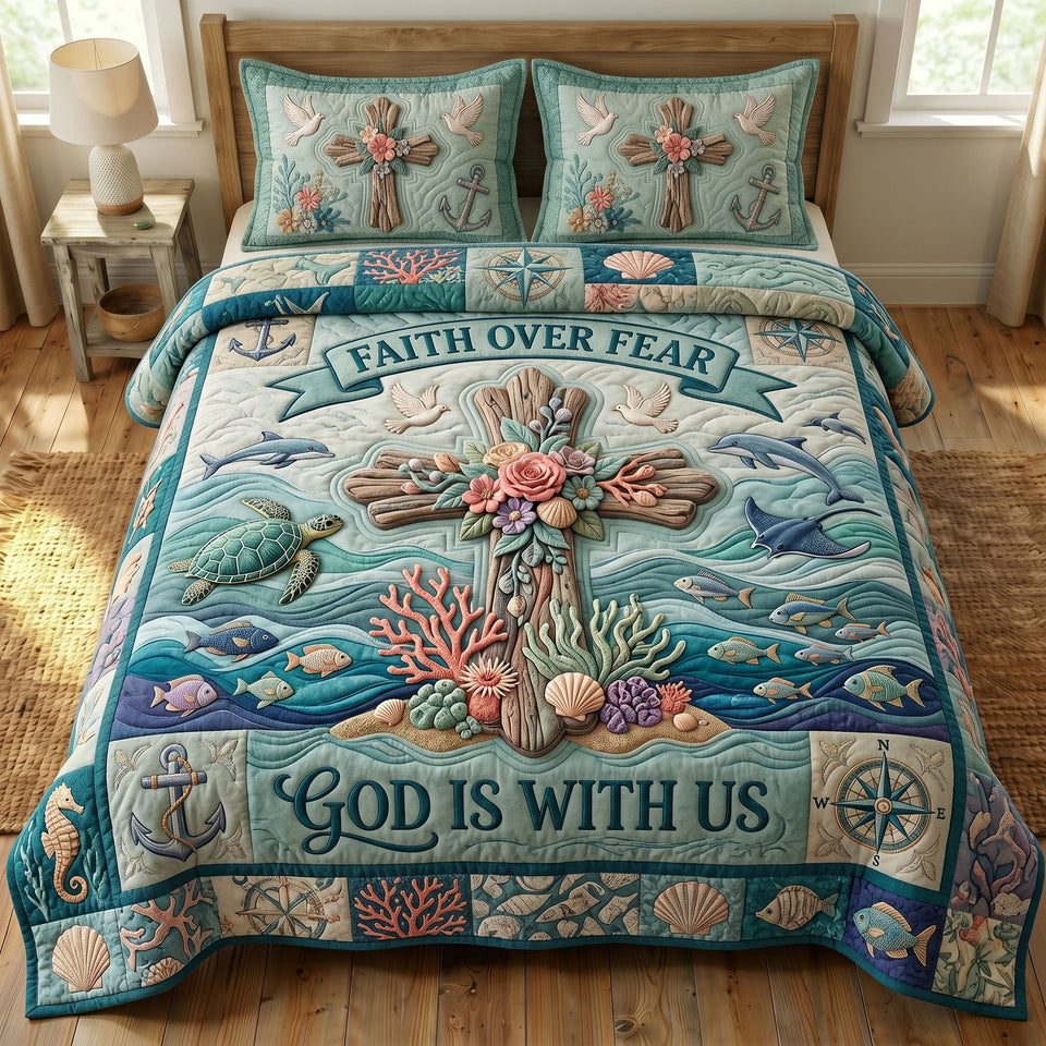 Coastal Christian God Is With Us Shell Cross quilted bedding set, quilt and two pillow shams on a made bed