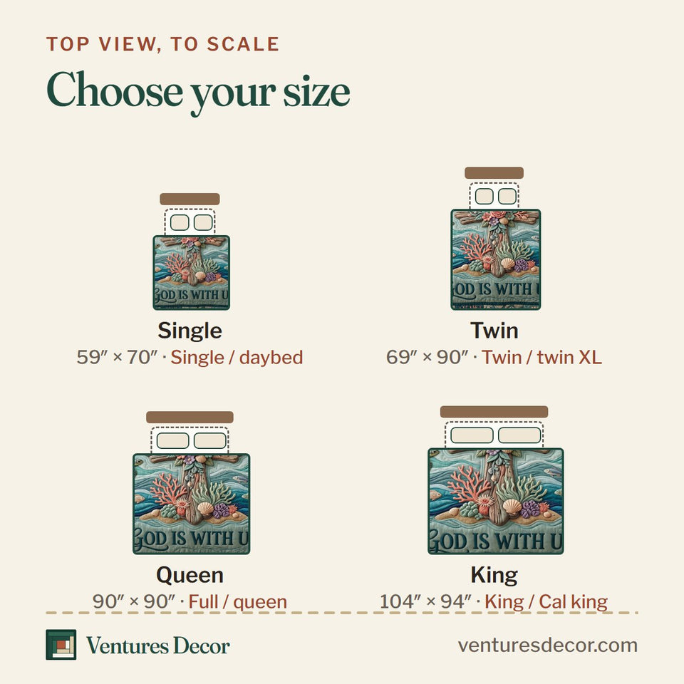 Size guide for the Coastal Christian God Is With Us Shell Cross quilt, top view to scale: Single 59 x 70 in, Twin 69 x 90 in, Queen 90 x 90 in, King 104 x 94 in