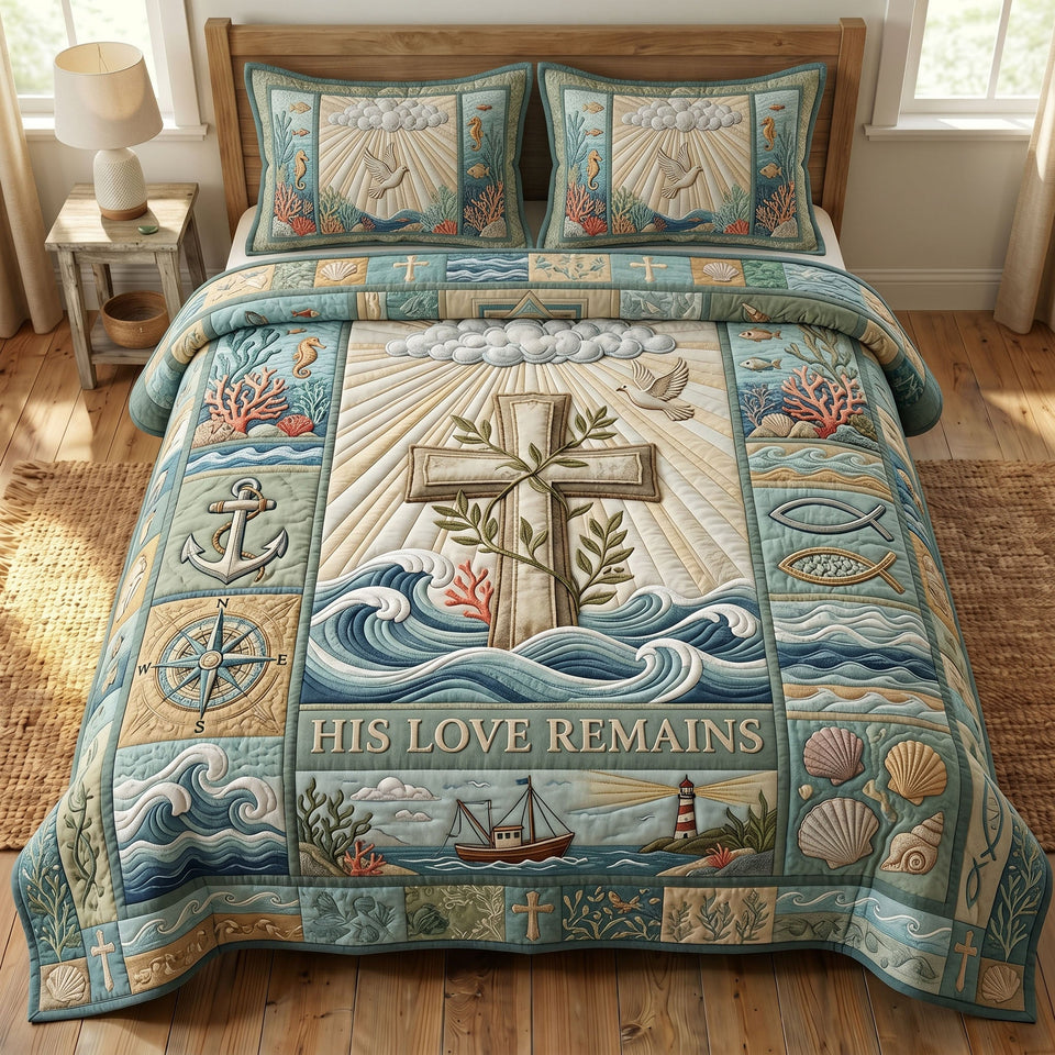 Coastal Christian Sandy Shore His Love Remains quilted bedding set, quilt and two pillow shams on a made bed