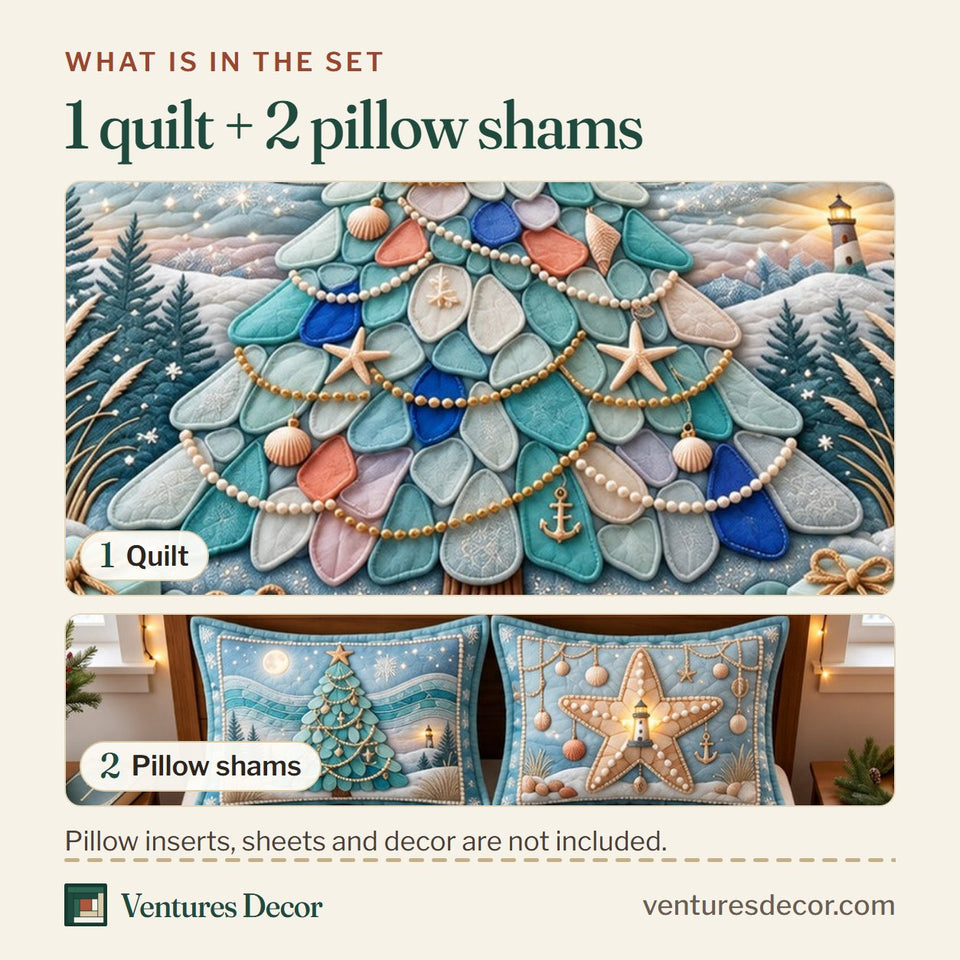What is in the set: one quilt and two pillow shams, shown in the Coastal Christmas design