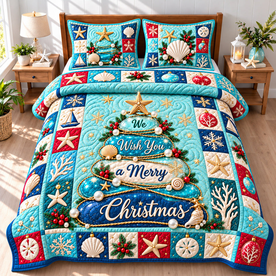 Coastal Christmas Tree Breeze quilted bedding set, quilt and two pillow shams on a made bed