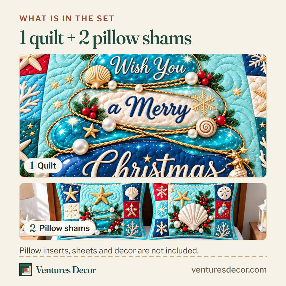 What is in the set: one quilt and two pillow shams, shown in the Coastal Christmas Tree Breeze Quilt Set, 3-Piece Quilted Bedding with 2 Pillow Shams design