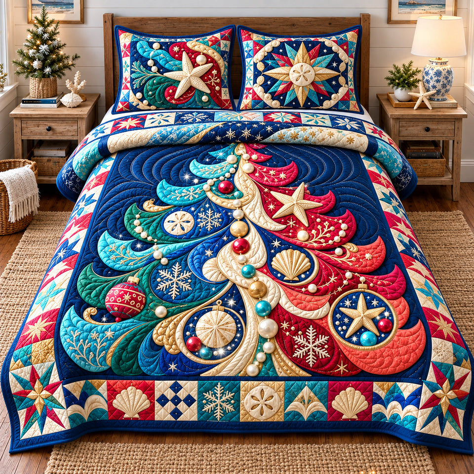 Coastal Christmas Tree Glow quilted bedding set, quilt and two pillow shams on a made bed