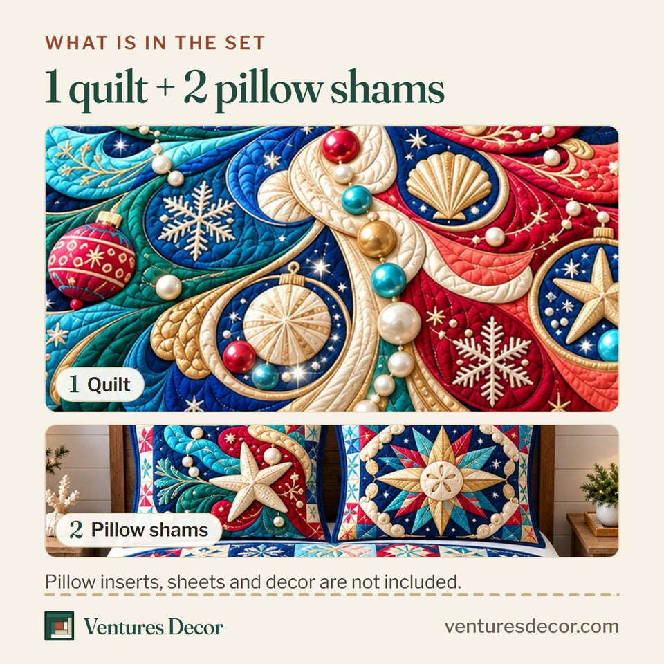 What is in the set: one quilt and two pillow shams, shown in the Coastal Christmas Tree Glow Quilt Set, 3-Piece Quilted Bedding with 2 Pillow Shams design