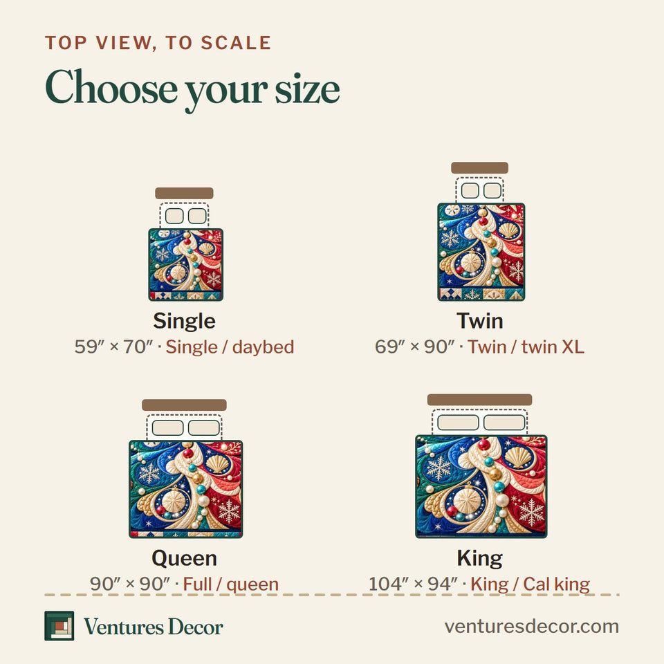 Size guide for the Coastal Christmas Tree Glow Quilt Set, 3-Piece Quilted Bedding with 2 Pillow Shams quilt, top view to scale: Single 59 x 70 in, Twin 69 x 90 in, Queen 90 x 90 in, King 104 x 94 in