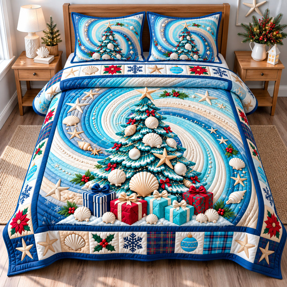 Coastal Christmas Tree Holiday quilted bedding set, quilt and two pillow shams on a made bed