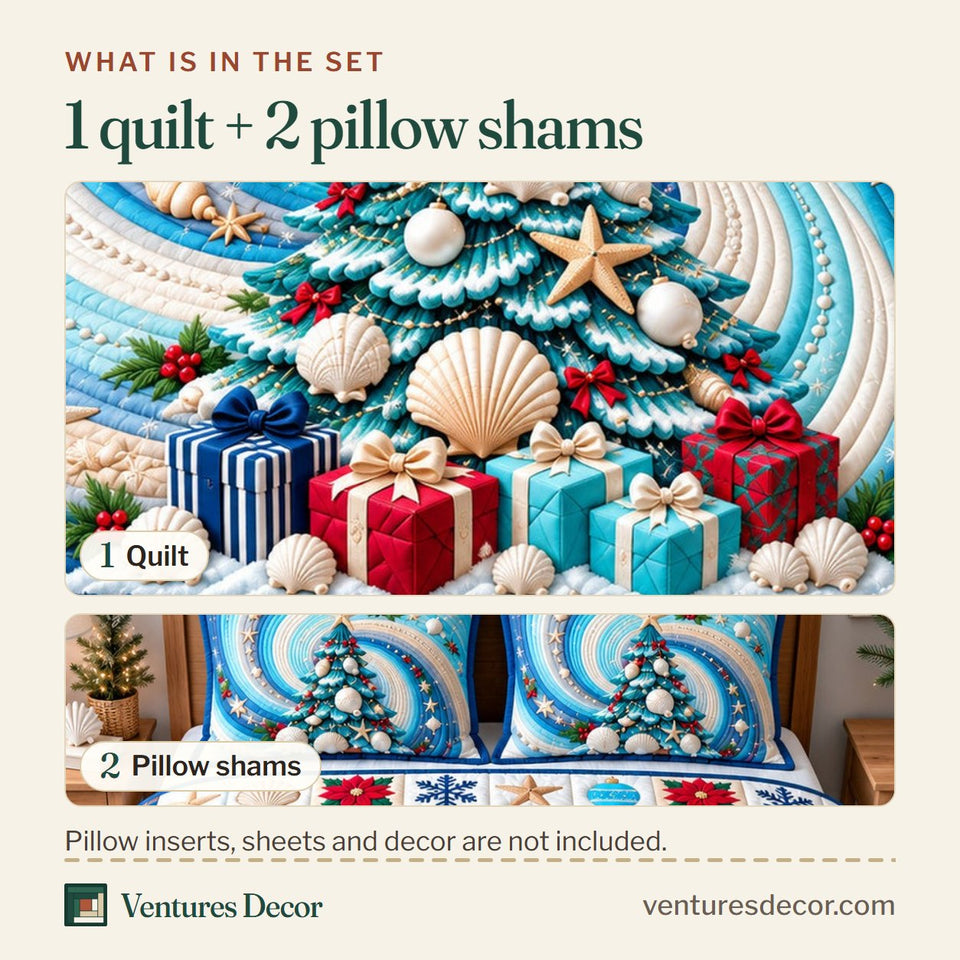 What is in the set: one quilt and two pillow shams, shown in the Coastal Christmas Tree Holiday Quilt Set, 3-Piece Quilted Bedding with 2 Pillow Shams design