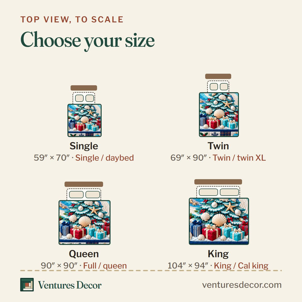 Size guide for the Coastal Christmas Tree Holiday Quilt Set, 3-Piece Quilted Bedding with 2 Pillow Shams quilt, top view to scale: Single 59 x 70 in, Twin 69 x 90 in, Queen 90 x 90 in, King 104 x 94 in