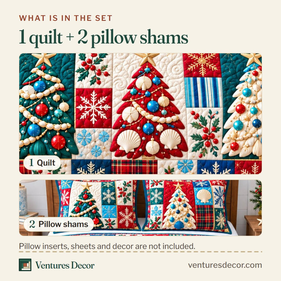 What is in the set: one quilt and two pillow shams, shown in the Coastal Christmas Tree Magic Quilt Set, 3-Piece Quilted Bedding with 2 Pillow Shams design