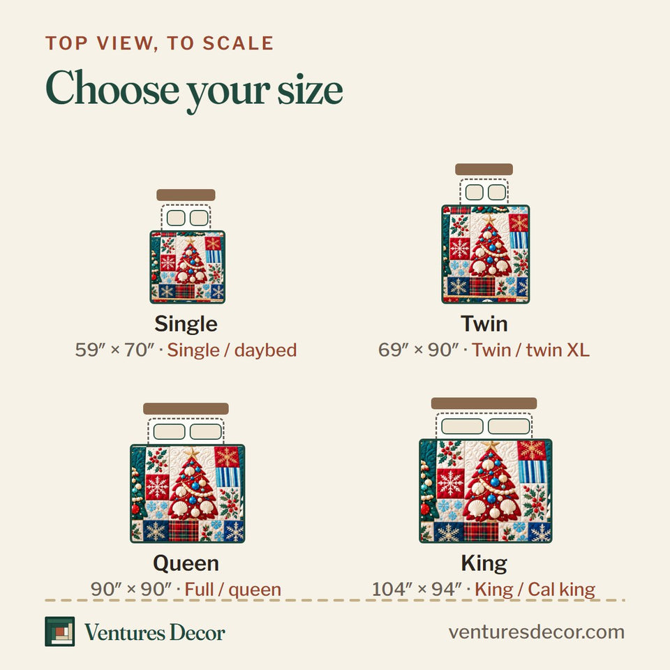 Size guide for the Coastal Christmas Tree Magic Quilt Set, 3-Piece Quilted Bedding with 2 Pillow Shams quilt, top view to scale: Single 59 x 70 in, Twin 69 x 90 in, Queen 90 x 90 in, King 104 x 94 in