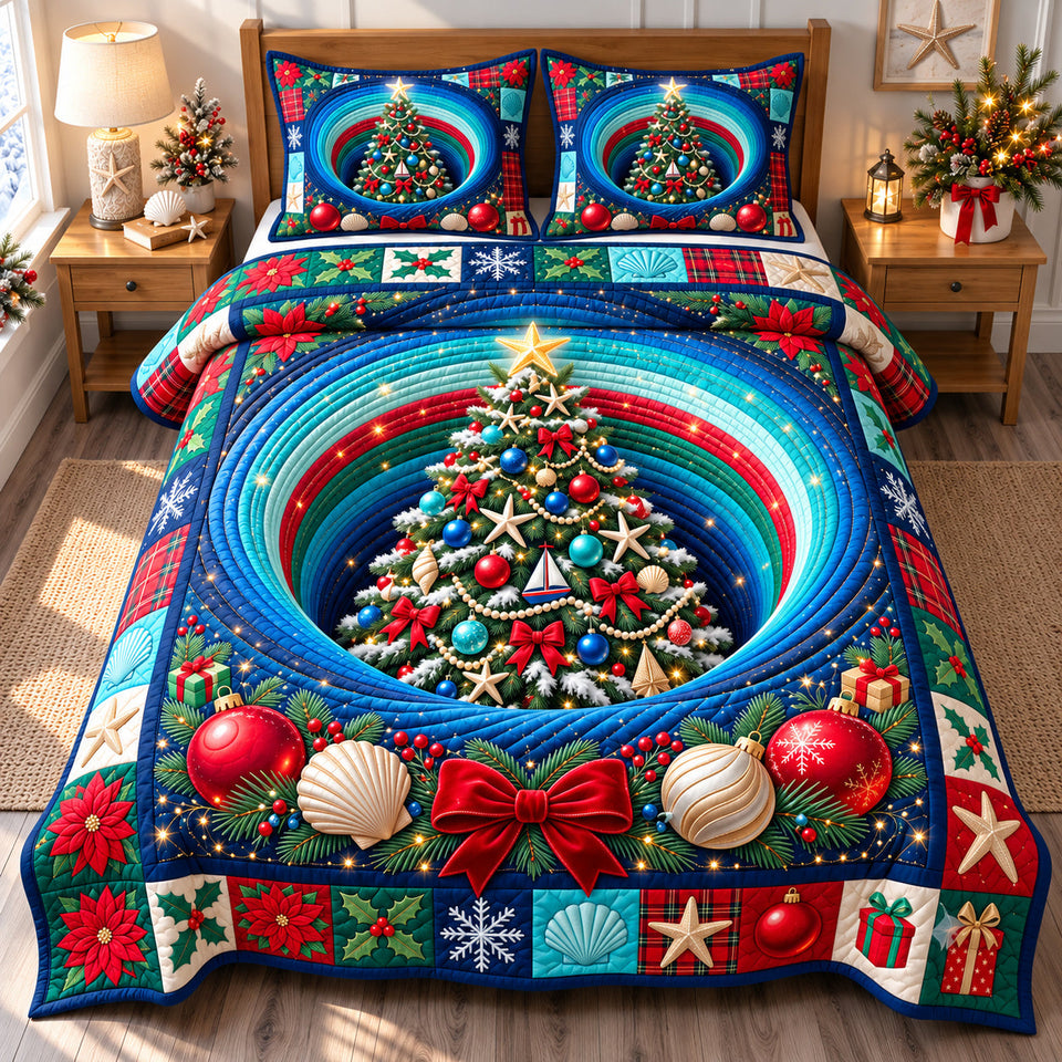 Coastal Christmas Tree Paradise quilted bedding set, quilt and two pillow shams on a made bed