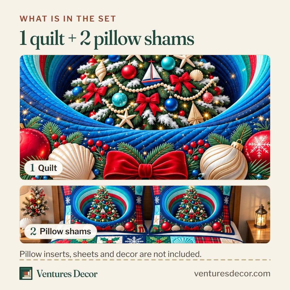 What is in the set: one quilt and two pillow shams, shown in the Coastal Christmas Tree Paradise Quilt Set, 3-Piece Quilted Bedding with 2 Pillow Shams design