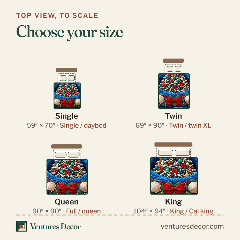 Size guide for the Coastal Christmas Tree Paradise Quilt Set, 3-Piece Quilted Bedding with 2 Pillow Shams quilt, top view to scale: Single 59 x 70 in, Twin 69 x 90 in, Queen 90 x 90 in, King 104 x 94 in