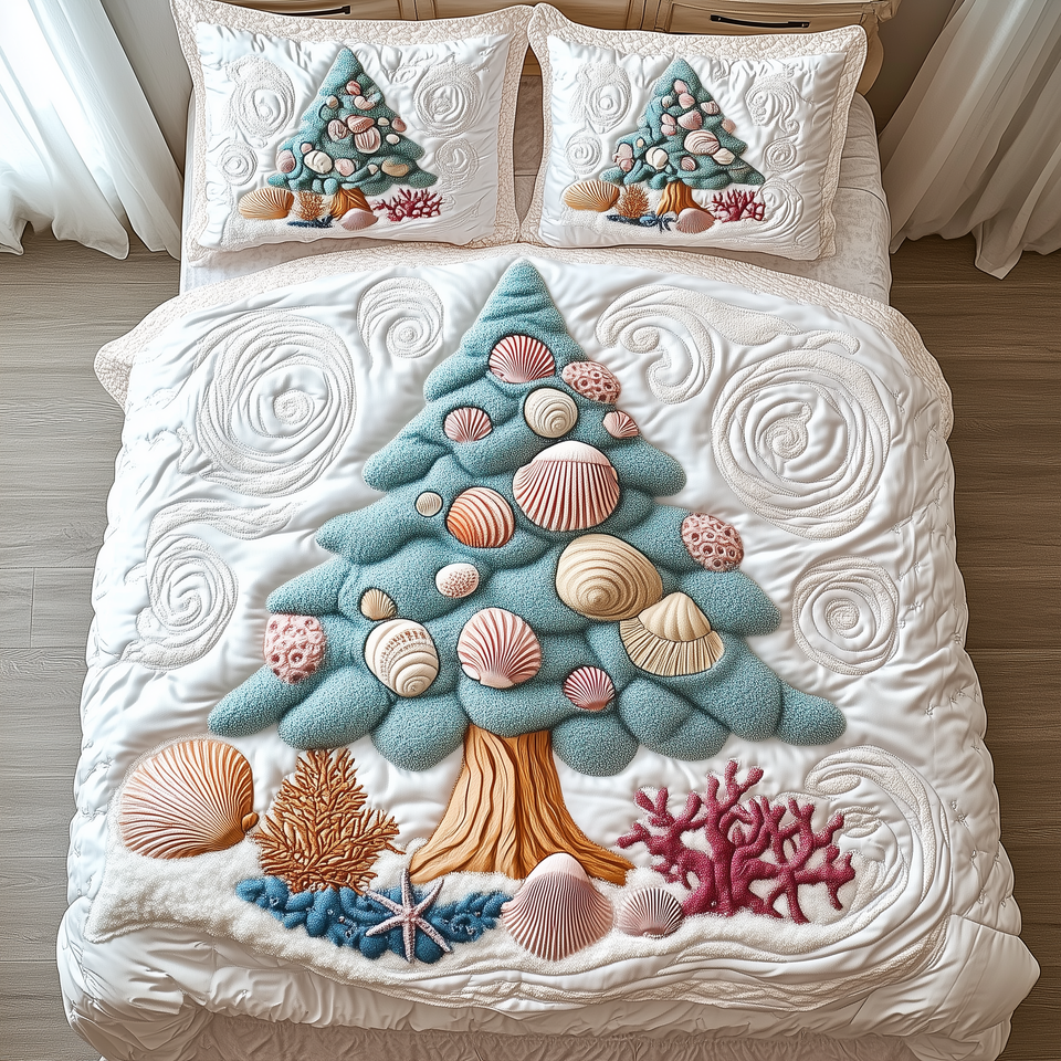 Coastal Christmas Tree Seafoam Shells and Coral quilted bedding set, quilt and two pillow shams on a made bed