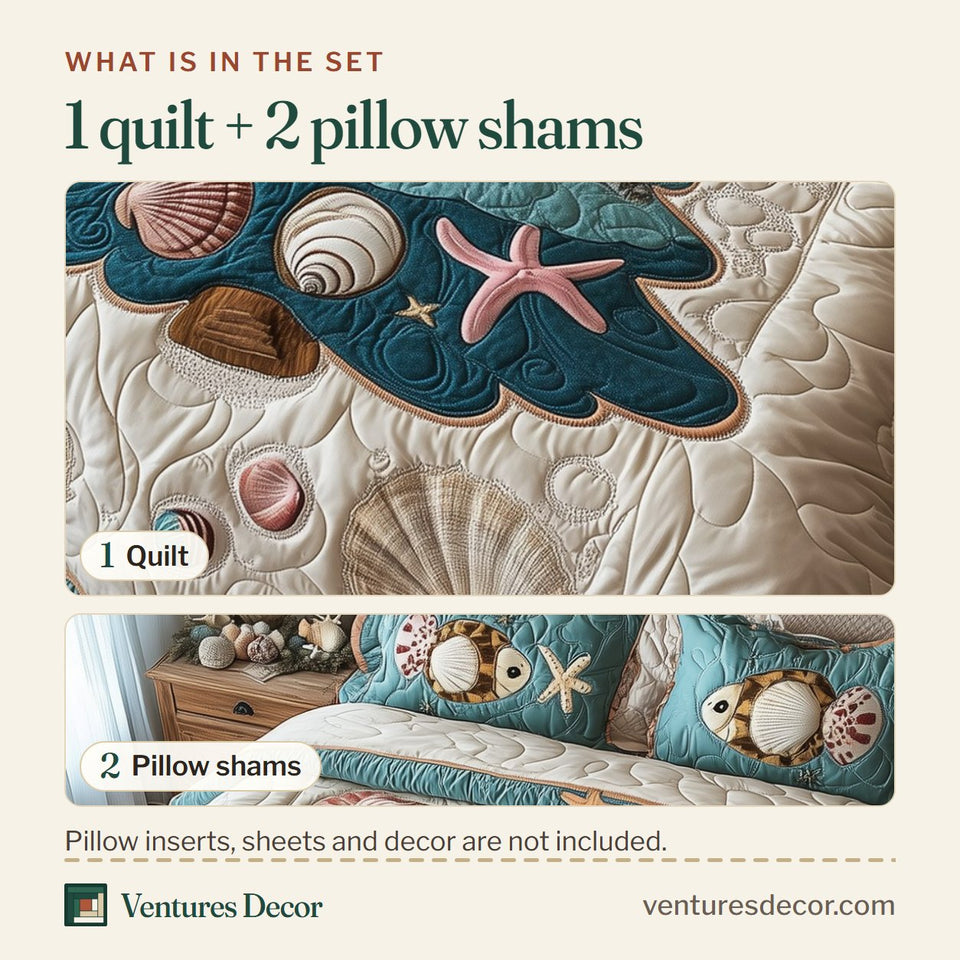 What is in the set: one quilt and two pillow shams, shown in the Coastal Christmas Tree Starfish Topper design