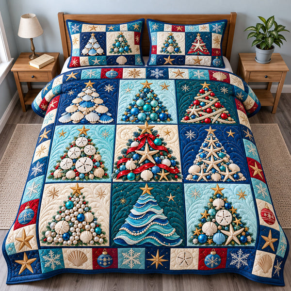 Coastal Christmas Tree Wishes quilted bedding set, quilt and two pillow shams on a made bed