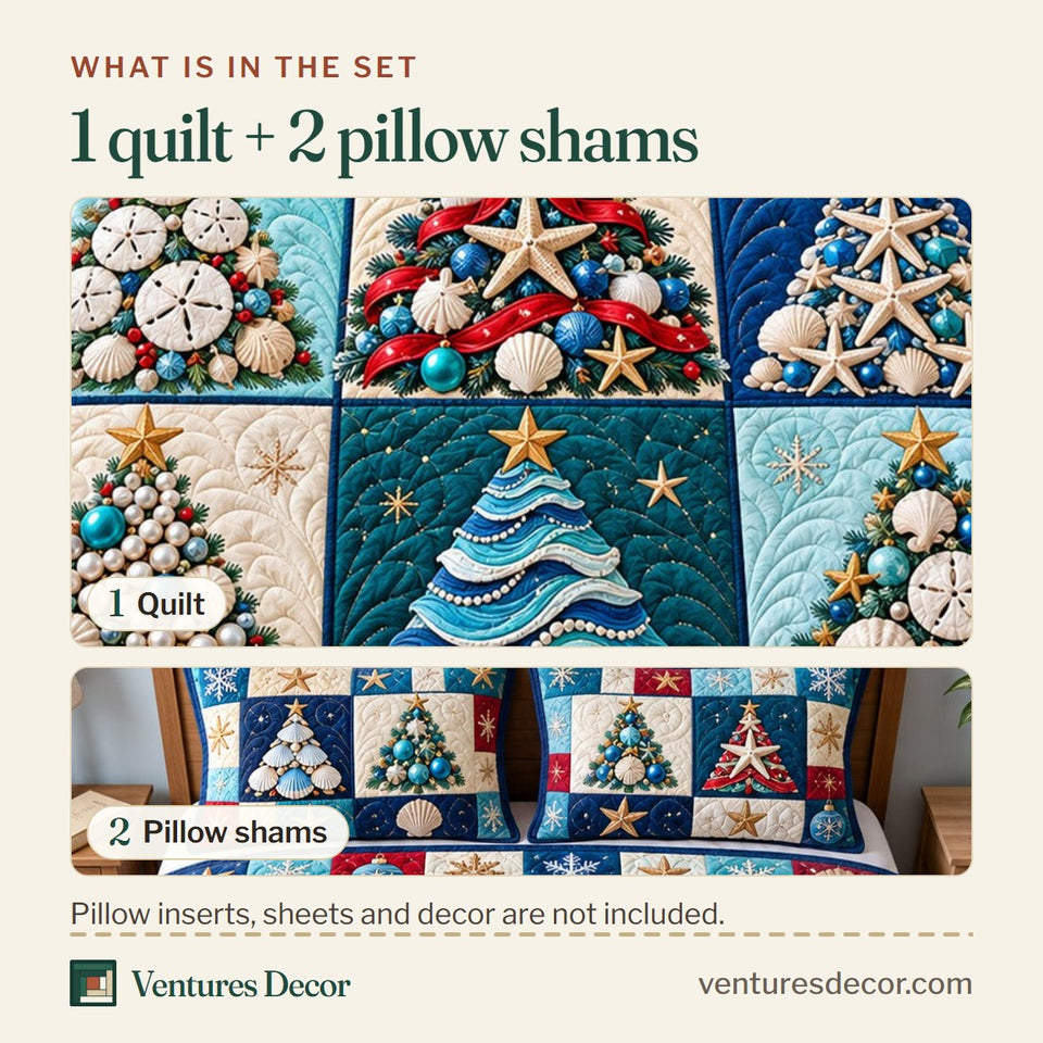 What is in the set: one quilt and two pillow shams, shown in the Coastal Christmas Tree Wishes Quilt Set, 3-Piece Quilted Bedding with 2 Pillow Shams design