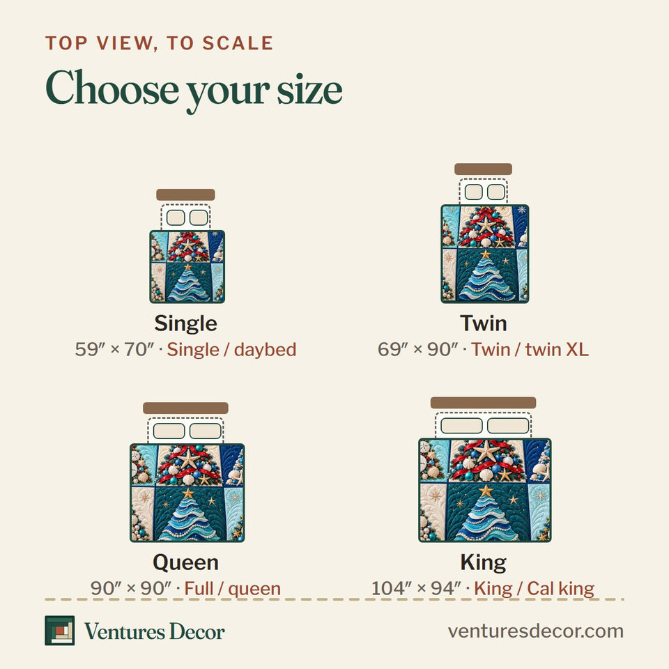 Size guide for the Coastal Christmas Tree Wishes Quilt Set, 3-Piece Quilted Bedding with 2 Pillow Shams quilt, top view to scale: Single 59 x 70 in, Twin 69 x 90 in, Queen 90 x 90 in, King 104 x 94 in